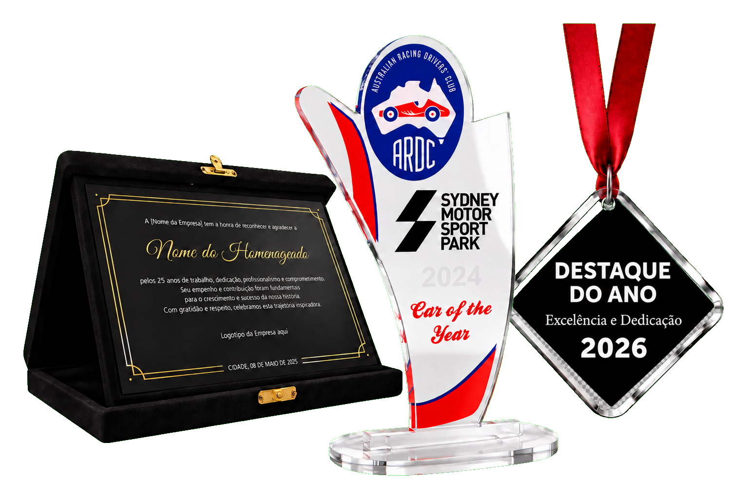 Troféu de acrílico, medalha transparente e placa de homenagem em estojo