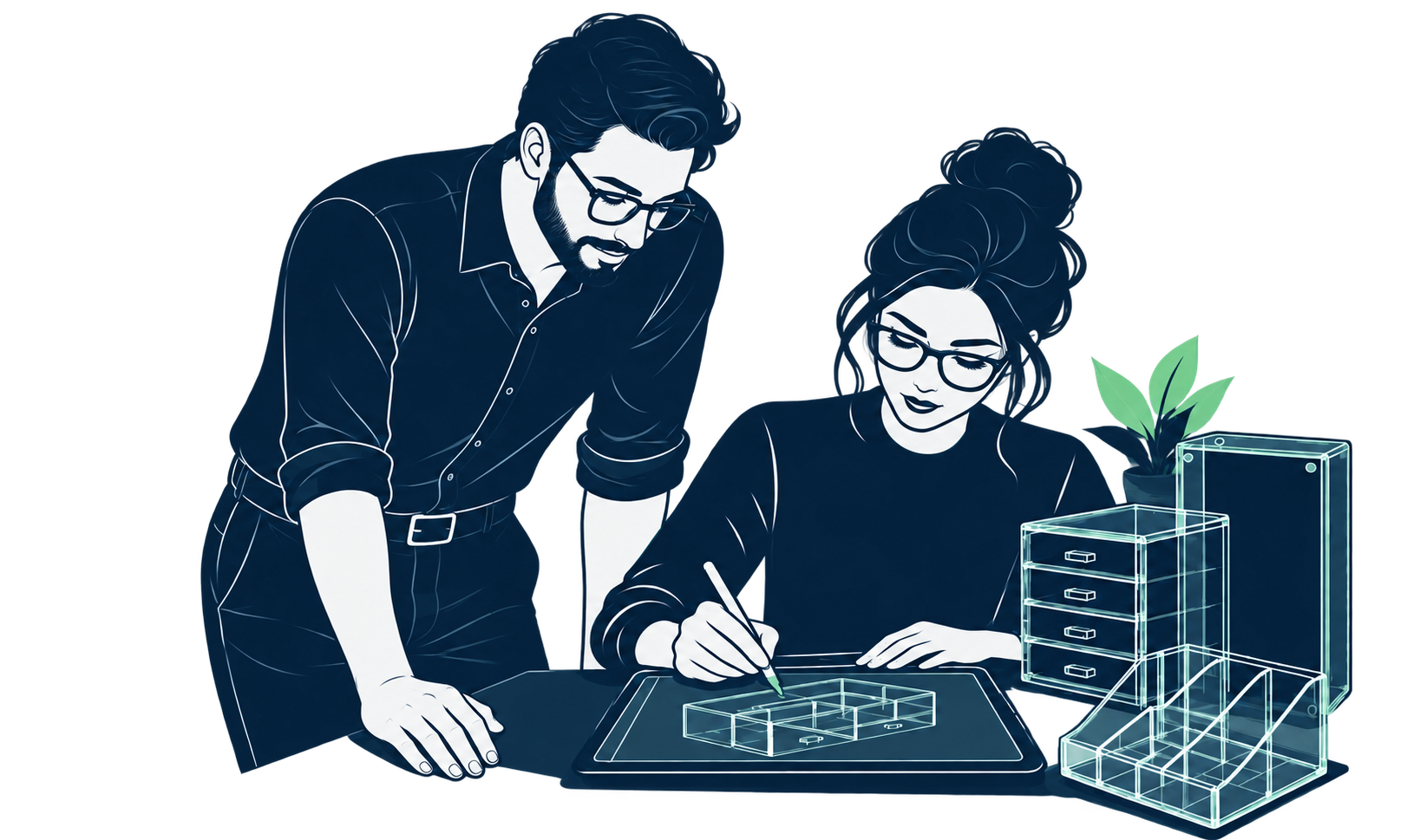 Ilustração de uma mulher projetando produtos de acrílico e um homem de óculos conferindo o projeto